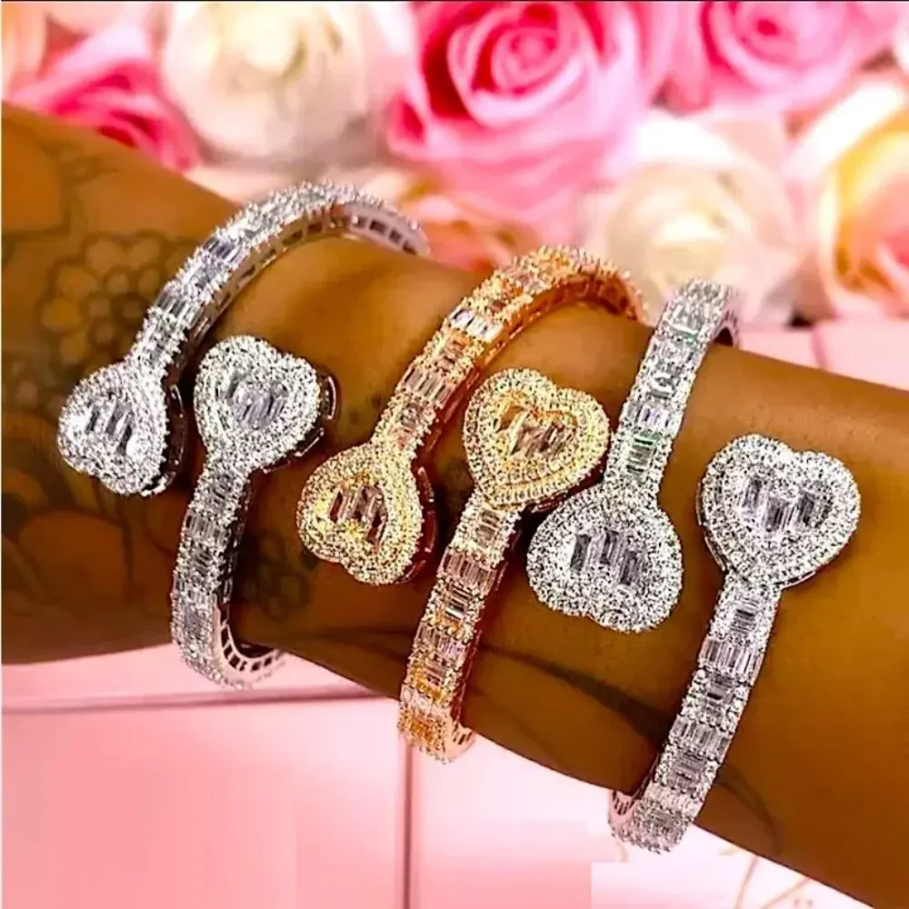 Open Heart Gold Baguette Iced Out Cubic Zircon Diamond Bangle Cuff Bra…